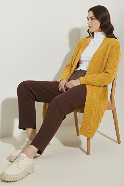 benguen Knitted Patterned Long Knitwear Cardigan R2817 Mustard