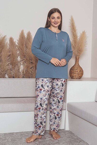 ALİMER Plus Size Pajama Set - Indigo Purple Floral Pattern Long Sleeve L Stretch Fabric Combed Cotton 2859Uyb