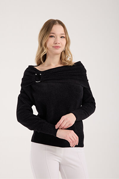 Moda Days Women's Black Chenille Velvet Accessory Shawl Collar Knitwear Sweater