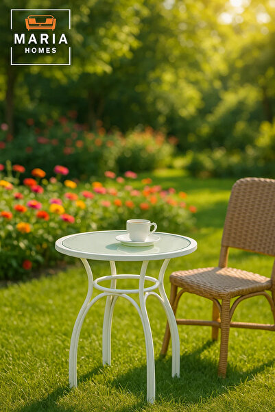 MARIA HOMES Modern White Round Cafe Table 60x60x60 cm Metal Outdoor Indoor Coffee Table