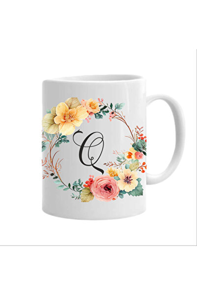 AFFIX THE DIFFERENT PERSPECTIVE Personalized mug with initial name, white, 350ml, Flower-Alphabet Collection, letter Q