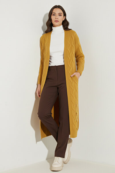 benguen Knitted Patterned Long Knitwear Cardigan R2817 Mustard