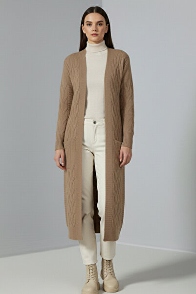 benguen Πλεκτή Ζακέτα Μακρύ Πλεκτό Μοτίβο R2817 Camel