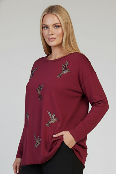 Mivoon Women's Plus Size Crew Neck Long Sleeve Stone Detailed Stretchy Blouse