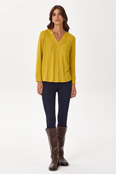 İKİLER Plus Size Judge V-Neck Pocket Detailed Soft Blouse