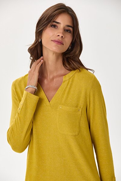 İKİLER Plus Size Judge V-Neck Pocket Detailed Soft Blouse