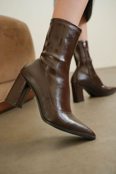 MODAADAM Women's Enjoy Thick Heeled Stretch Boots - Brown-Patent Leather