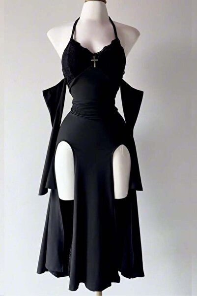 ARS Butik Rochie neagră în stil gotic vintage, cu cu fantă mâneci, cu detalii