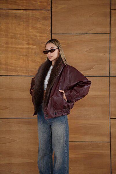 D'RECCY Women's Fur Collar Bomber Leather Jacket