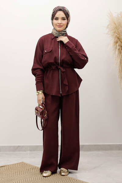Tesettür Dünyası Drawstring Waist Zippered Double Suit Tsd250252 Burgundy