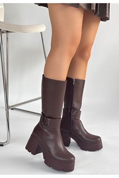 Zerenyus Moki Premium Brown V Detailed High Comfortable Heeled Short Boots