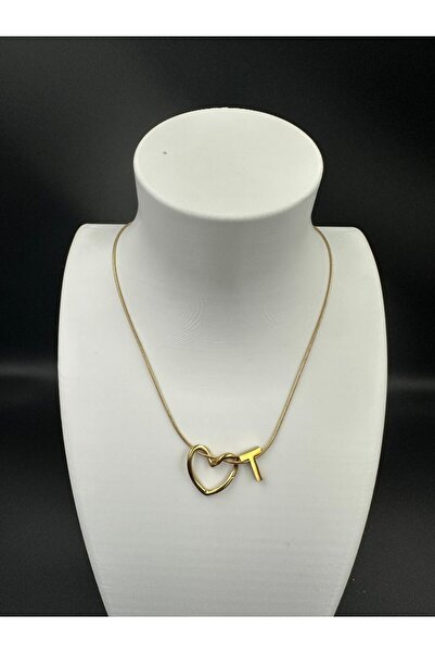 staınless steel Altın Renk Kalp ve T Harfi Detaylı Çelik Kolye
