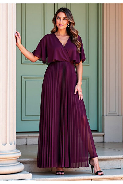 Figl Rochie cu pelerină - Rochie elegantă cu fund plisat - Rochie mov M1123 L/XL