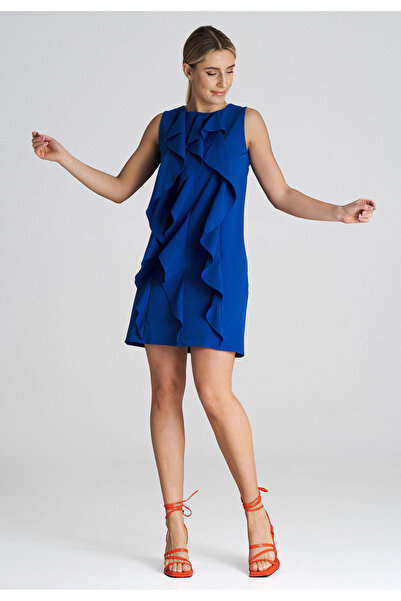 Figl Rochie elegantă trapez cu volane, albastru safir M1002, mărimea XL