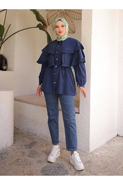 Nergis Neva Butik Double Caped Tunic - Navy Blue - Nergis Neva