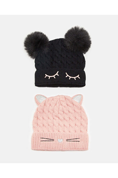 REDTAG مجموعة قبعات مزينة باللونين الأسود والوردي للبنات (عبوة من قطعتين)