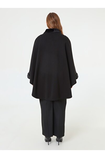 ALİA Pearl Cape Poncho with Fur Detail on Sleeves and Collar - Black -