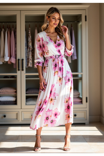 Figl Long pleated dress - Floral dress for a wedding - White dress M1137 size L/XL