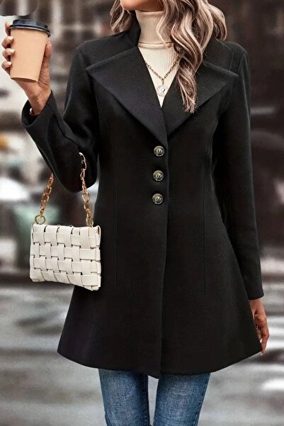 dk denemekabini Palton scurt pentru femei, cu mâneci lungi, cu rever, cu nasturi în față - negru