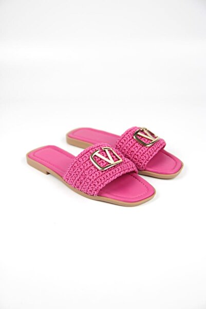 Gökhan Talay Joyce Women's Hand Knitted V Buckle Detailed Fuchsia Slippers