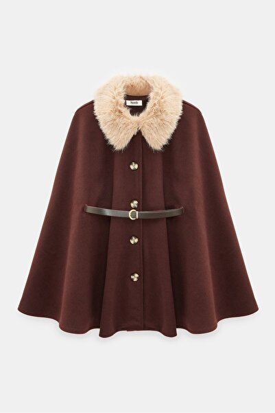 Saade Women's Fur Collar Belted Cashmere Poncho - Vintage Glam