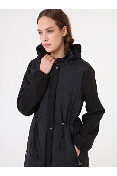 Refka Hooded Beli Tunnel Detailed Long Inflatable Coat - Black -
