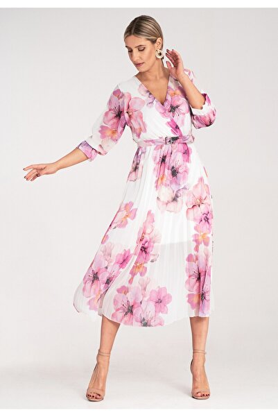 Figl Long pleated dress - Floral dress for a wedding - White dress M1137 size L/XL