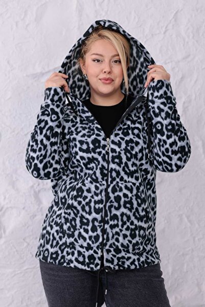 tarzımsüper Women's Plus Size Warm Leopard Fleece Hooded Zippered Sweatshirt