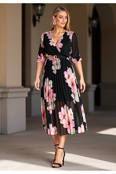 Figl Long pleated dress - Floral dress for a wedding - Black dress M1137 size S/M