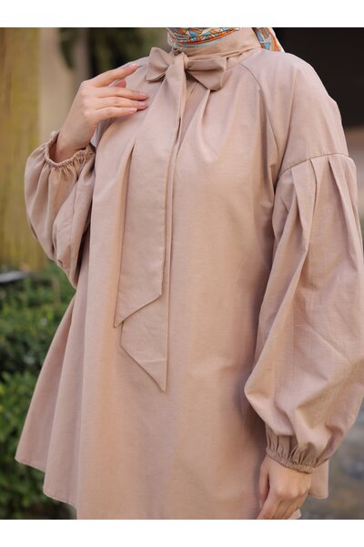 Nergis Neva Butik Tunic with Scarf at the Neck and Pleated Sleeves - Mink - Nergis Neva