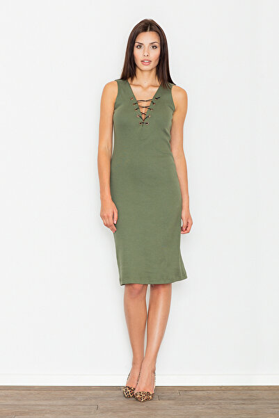 Figl Olive pencil dress with tied neckline - M487 size S/M
