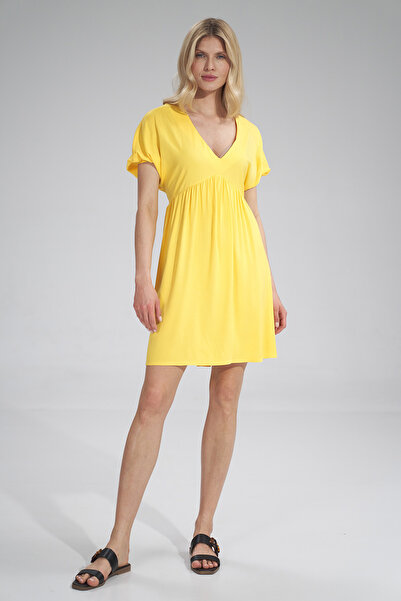 Figl Yellow mini dress with V-neck - summer dress M766 size L/XL
