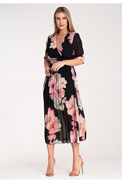 Figl Long pleated dress - Floral dress for a wedding - Black dress M1137 size S/M