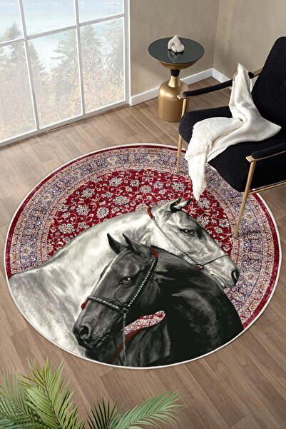 Pelura Halı Yıkanabilir Modern Sanat Temalı At Desenli Bordo Dijital Baskı Yu...