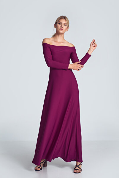 Figl Rochie maxi elegantă fuchsia cu umerii goi și mâneci lungi - M707 mărimea M