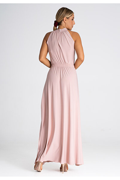 Figl Rochie lungă de seară - Rochie elegantă cu guler înalt, roz M945, mărimea XS