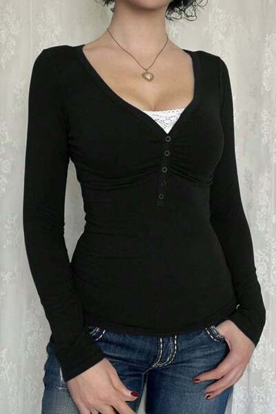 ARS Butik Buttoned Lace Collar Black Long Sleeve Half Body