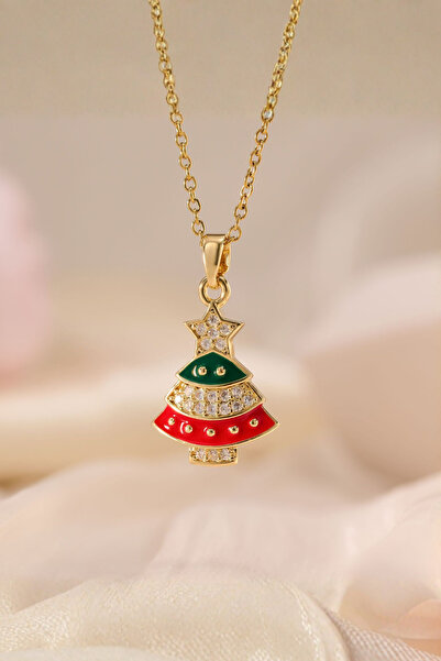 Parantez Aksesuar Steel Chain Zircon Stone Christmas Pine Tree Themed Necklace