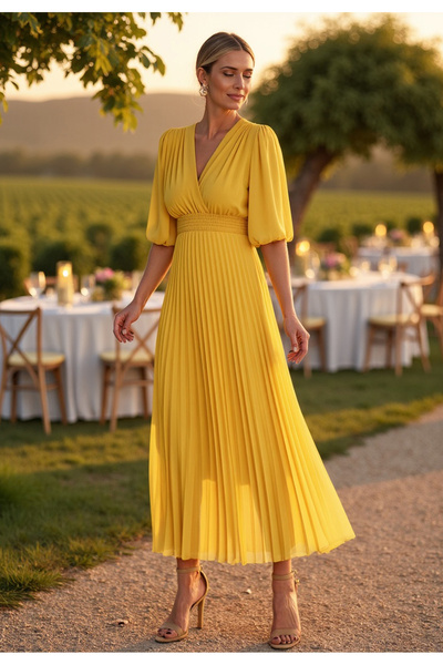 Figl Elegant lilac Printed dress - Pleated midi dress - Yellow dress M1124 L/XL