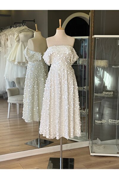Lenta Wedding Beyaz Straplez Madonna Yaka Sıvama Payetli Midi Boy Nişan Ve Gece Elbisesi