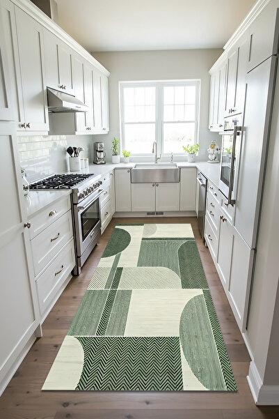 Etnik Dekor Yeşil Tonlu Çizgisel Daireler Dijital Baskı Kaymaz Taban Makinede...