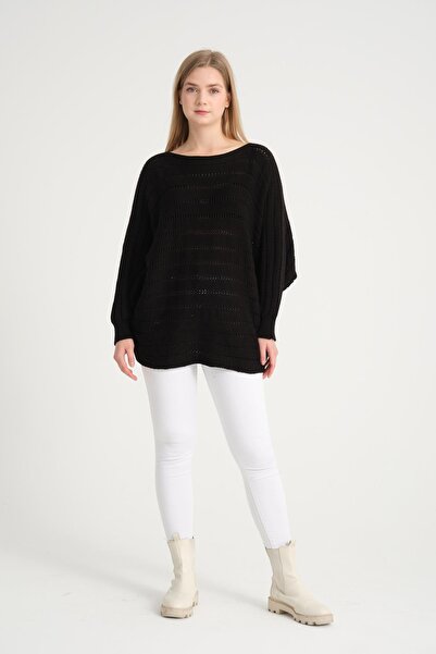 della moor Women's Black Italian Perforated Bat Sleeve Knitwear Sweater