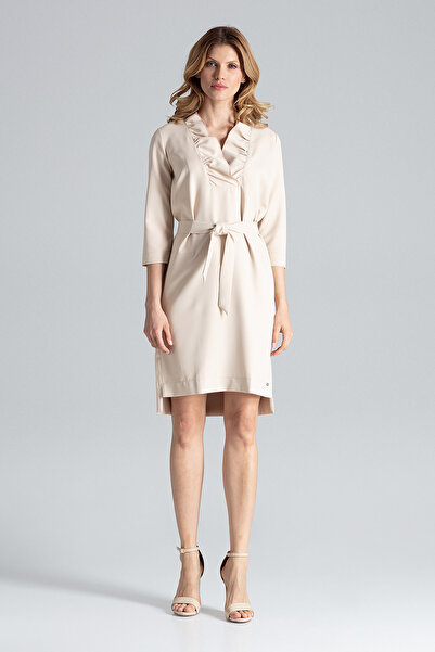 Figl Rochie elegantă bej cu decolteu cu volane și curea - M644 mărimea L