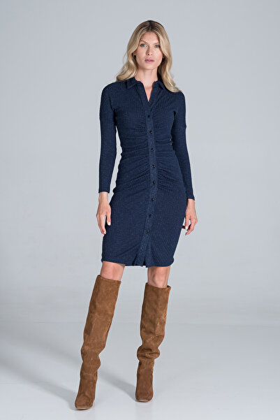 Figl Elegant midi dress with long sleeves, striped pattern, navy blue - M824 size S