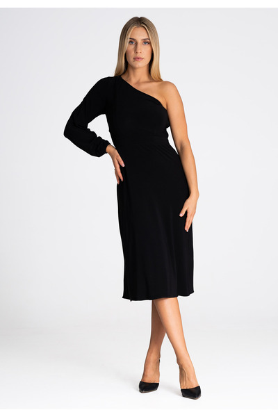 Figl Rochie elegantă cu un singur umăr și mâneci lungi, neagră M962, mărimea S