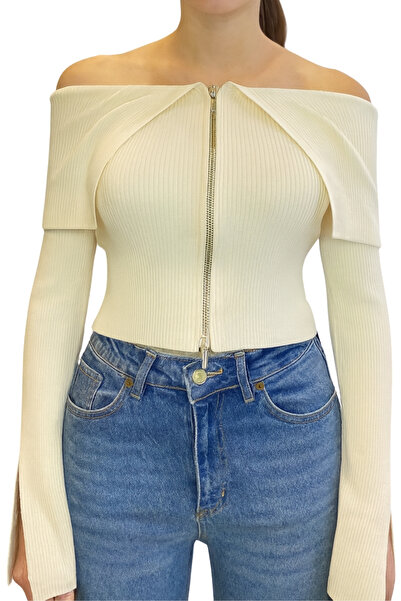 Dilvin Kadın Madonna Yaka Fermuar Detaylı Triko Kazak