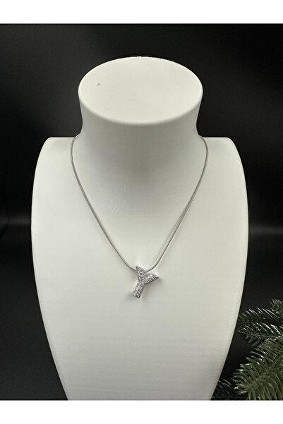 staınless steel Gümüş Renk Taşlı Y Harfi Kolye