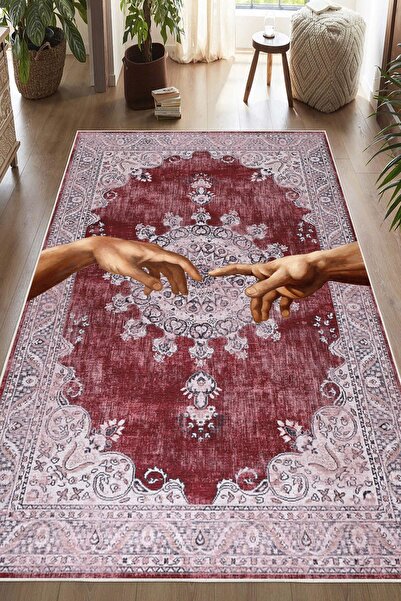 Pelura Halı Yıkanabilir Modern Sanat Desenli Bordo Dijital Baskı Halı