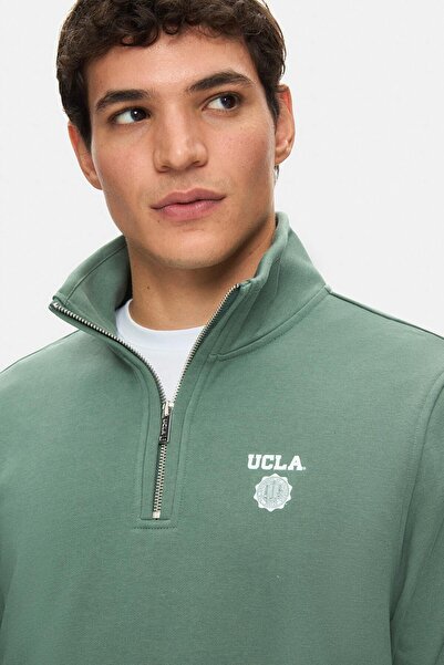 UCLA Leon Sage Green Half Zip Printed Standard Fit Men's Sweatshirt