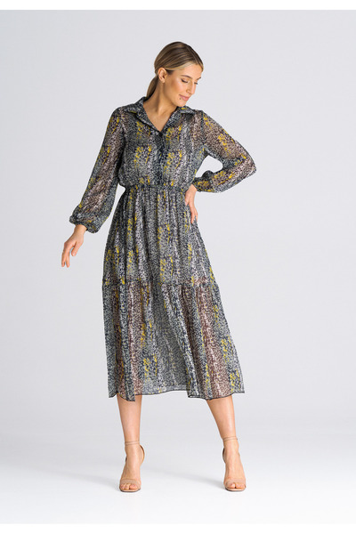 Figl Floral Printed flared dress - Grey dress with collar M942 size L/XL